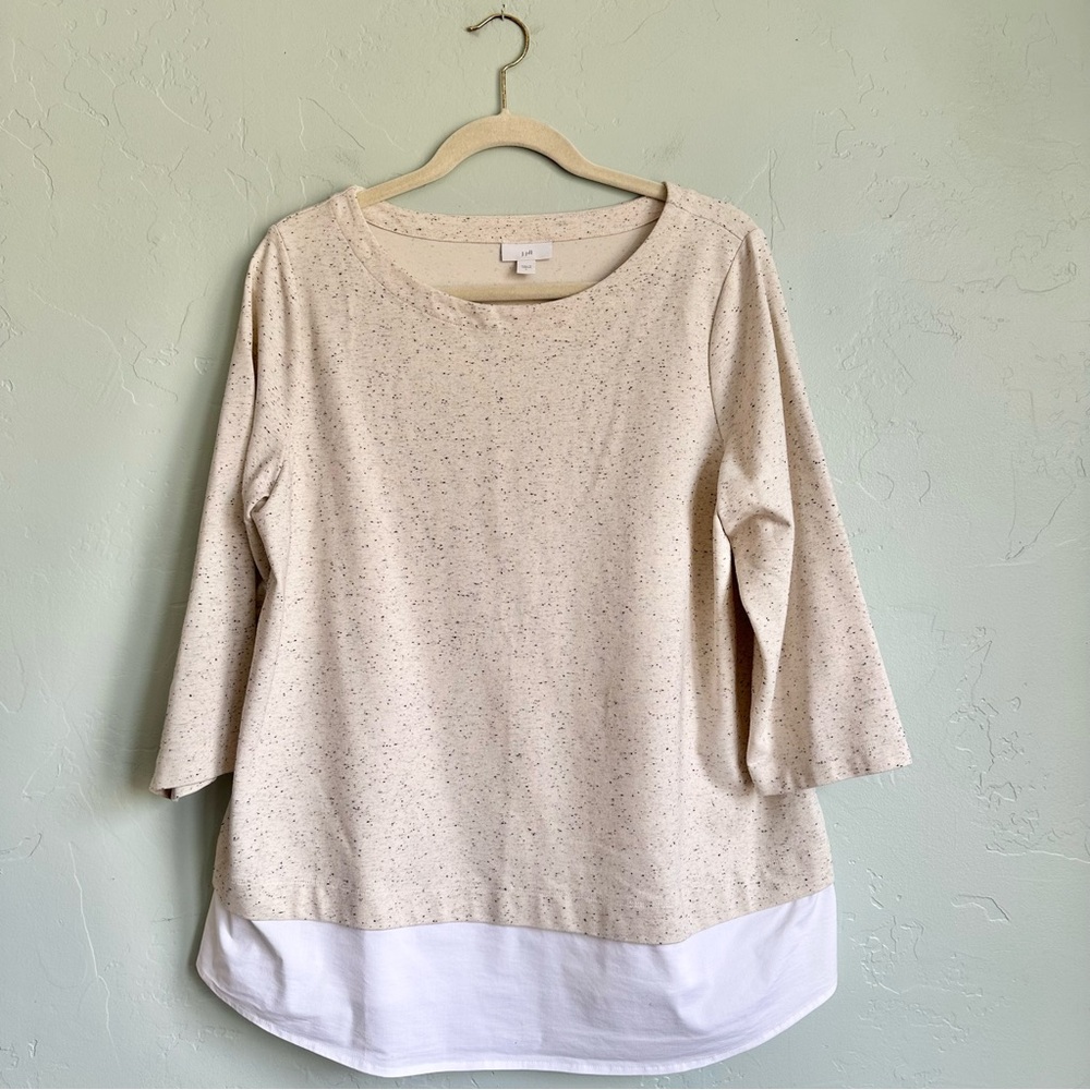 J. Jill Women Cream Black Speckled Top Layered Shirt Tail Large Preppy Coastal